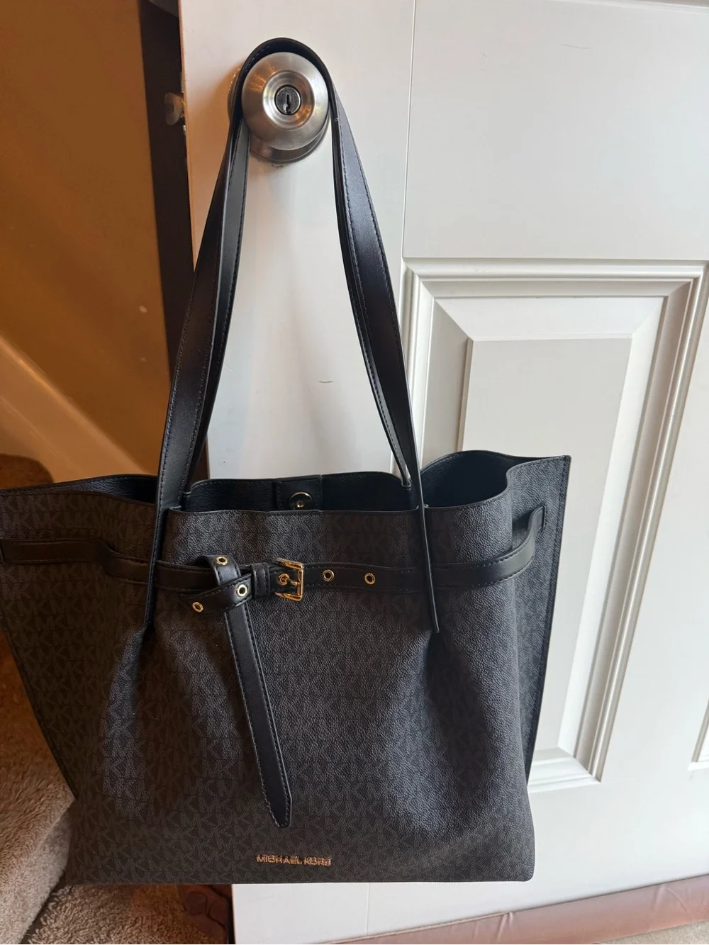 Michael Kors Black Logo Monogram Tote with Gold Hardware